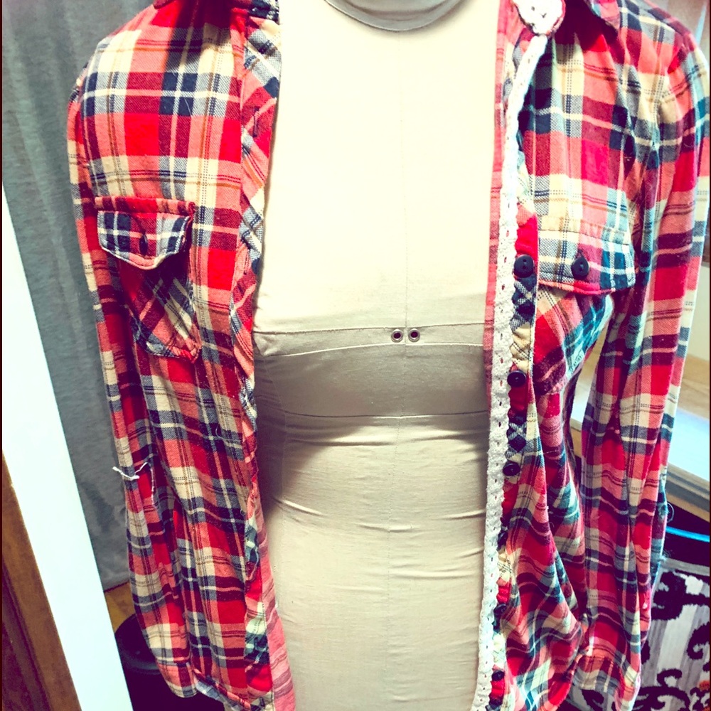 Red and blue lace trim button up flannel
